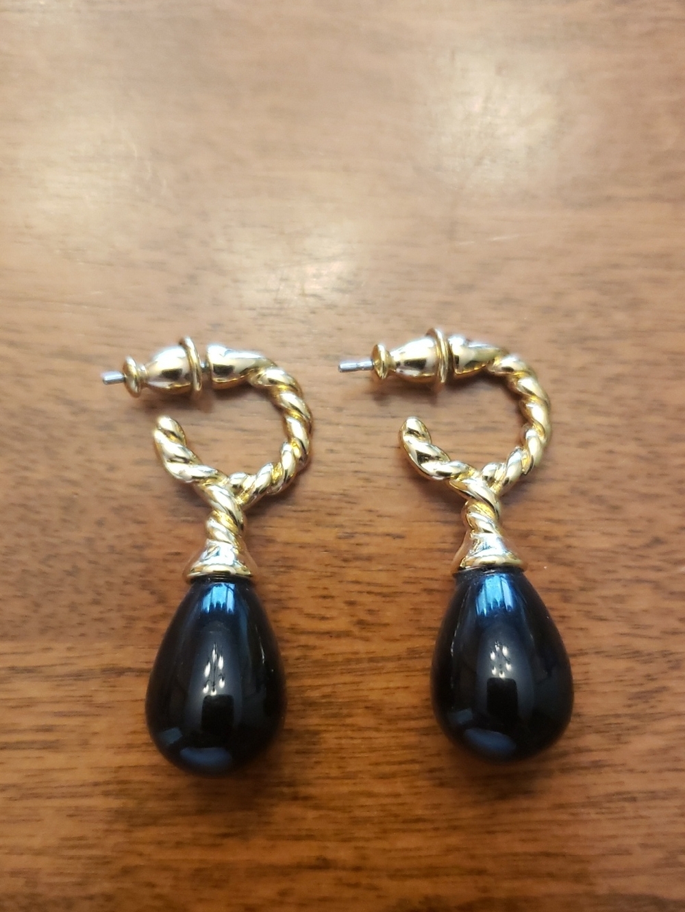 Vtg Monet Gold Twist Hoop Earrings with Black Teardrop - 1.25" Long